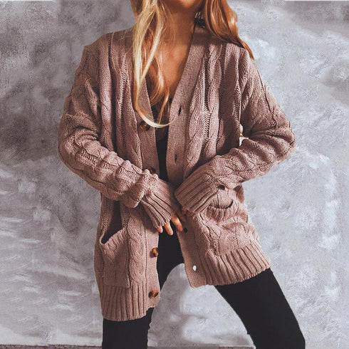 Autumn and winter single-breasted thick twist pocket long sleeve knit sweater cardigan